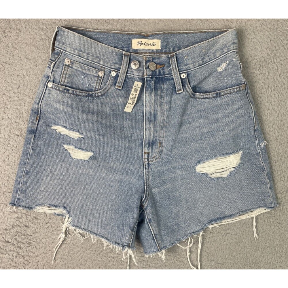 Madewell Jean Mom Shorts 4" Distressed Double Button Womens 26 Blue Cut Off NWT